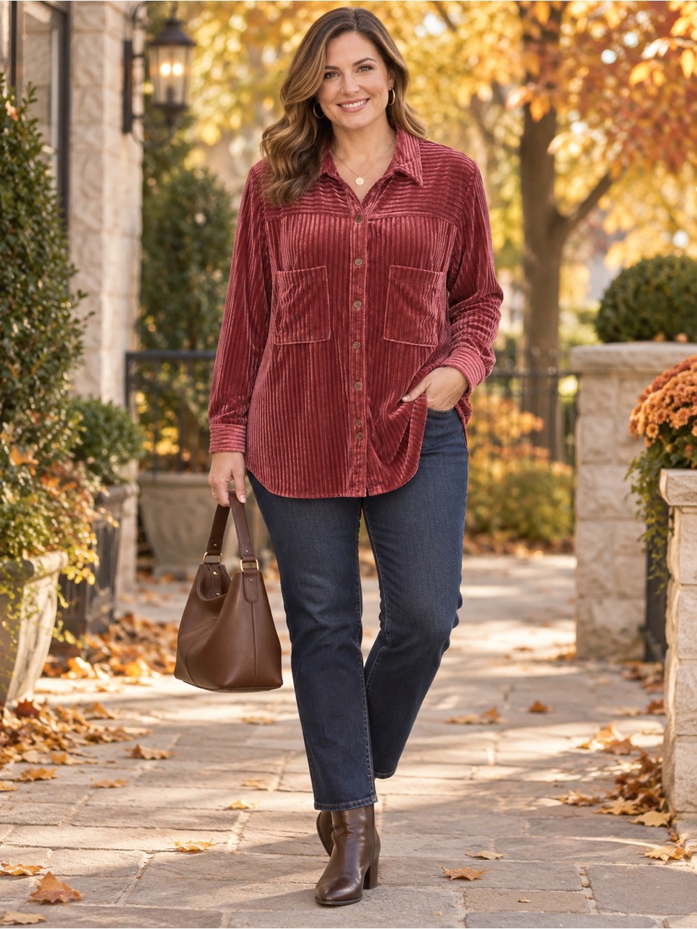 Umgee Velvet Ribbed Button-Up Shirt - Red